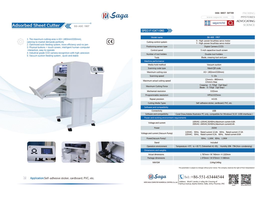 High Precision Die Cutting/Adsorbed Sheet Cutter/Contour Cutting Machine/Sheet Auto Feeding Cutting and Creasing/Adsorbed Cutter Plotter
